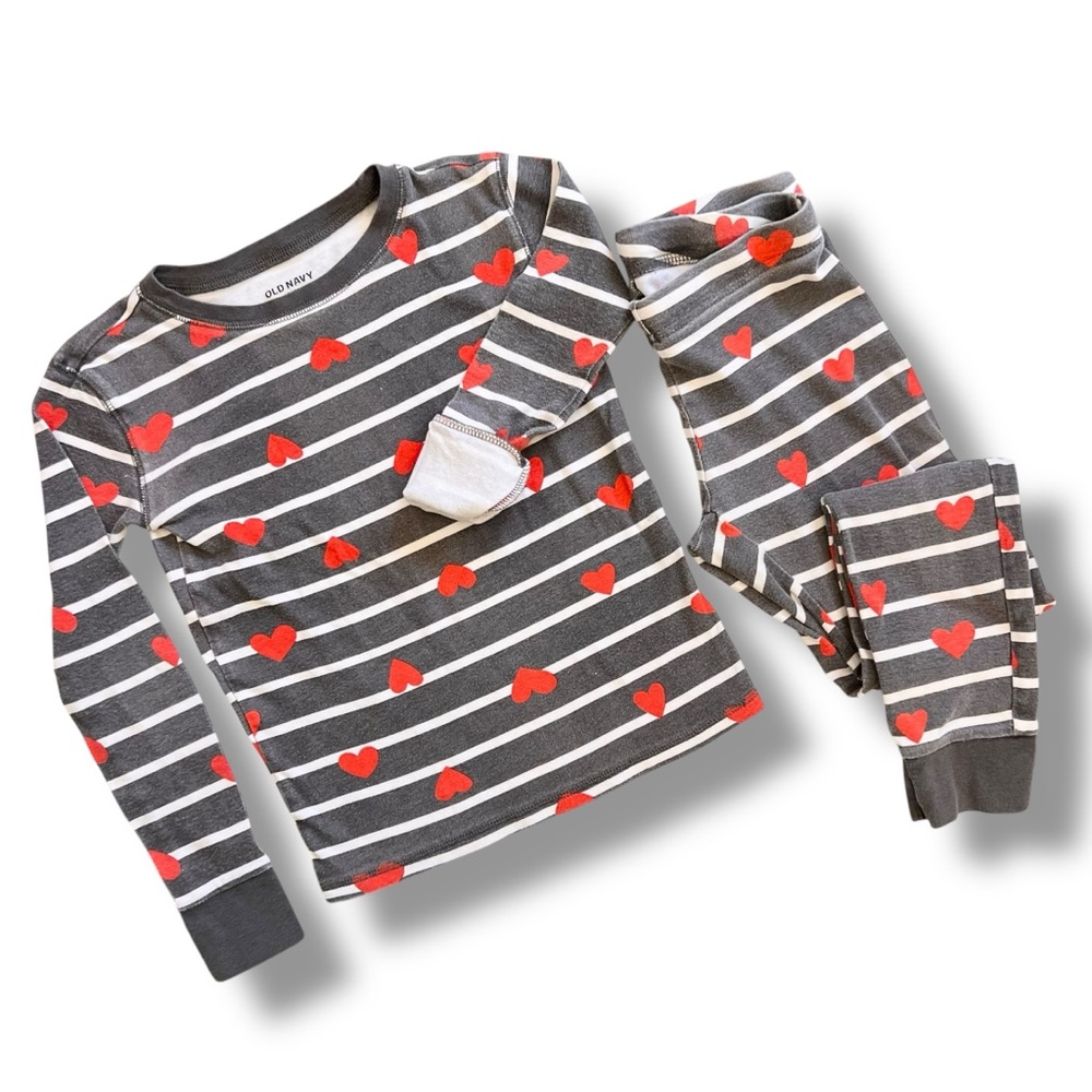 OLD NAVY Gray White & Red Heart Print Striped Pajama Set Sz L Cotton Lng Sleeve
